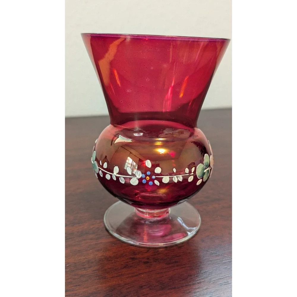 Vintage Ruby Red Glass Hand Painted Floral Vase Goblet Enamel Daisy 5in Small